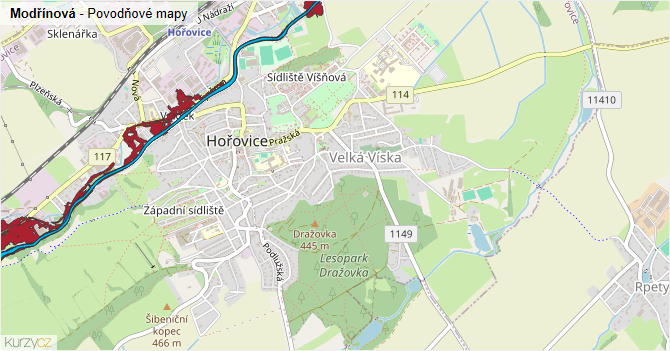 Modřínová - záplavové mapy stoleté vody