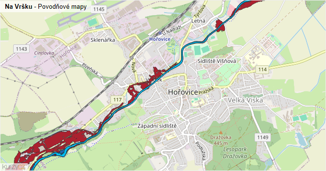 Na Vršku - záplavové mapy stoleté vody