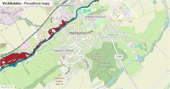 Vrchlického - záplavové mapy stoleté vody