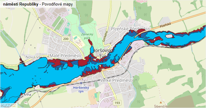 náměstí Republiky - záplavové mapy stoleté vody