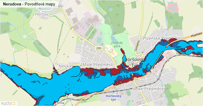 Nerudova - záplavové mapy stoleté vody