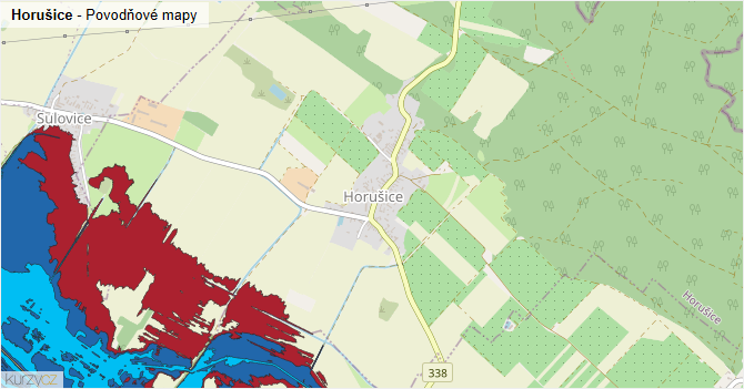 Horušice - záplavové mapy stoleté vody