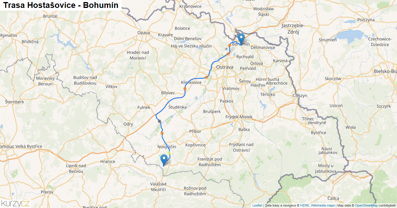 Hostašovice-Bohumín, mapa trasy