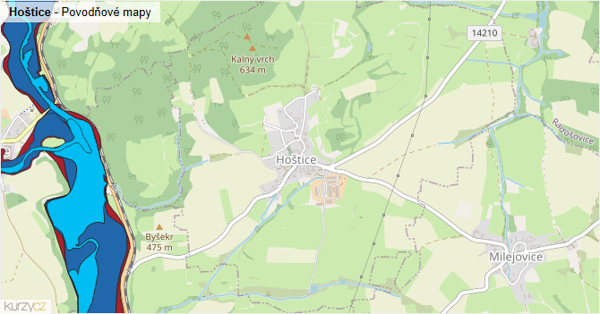Hoštice - záplavové mapy stoleté vody
