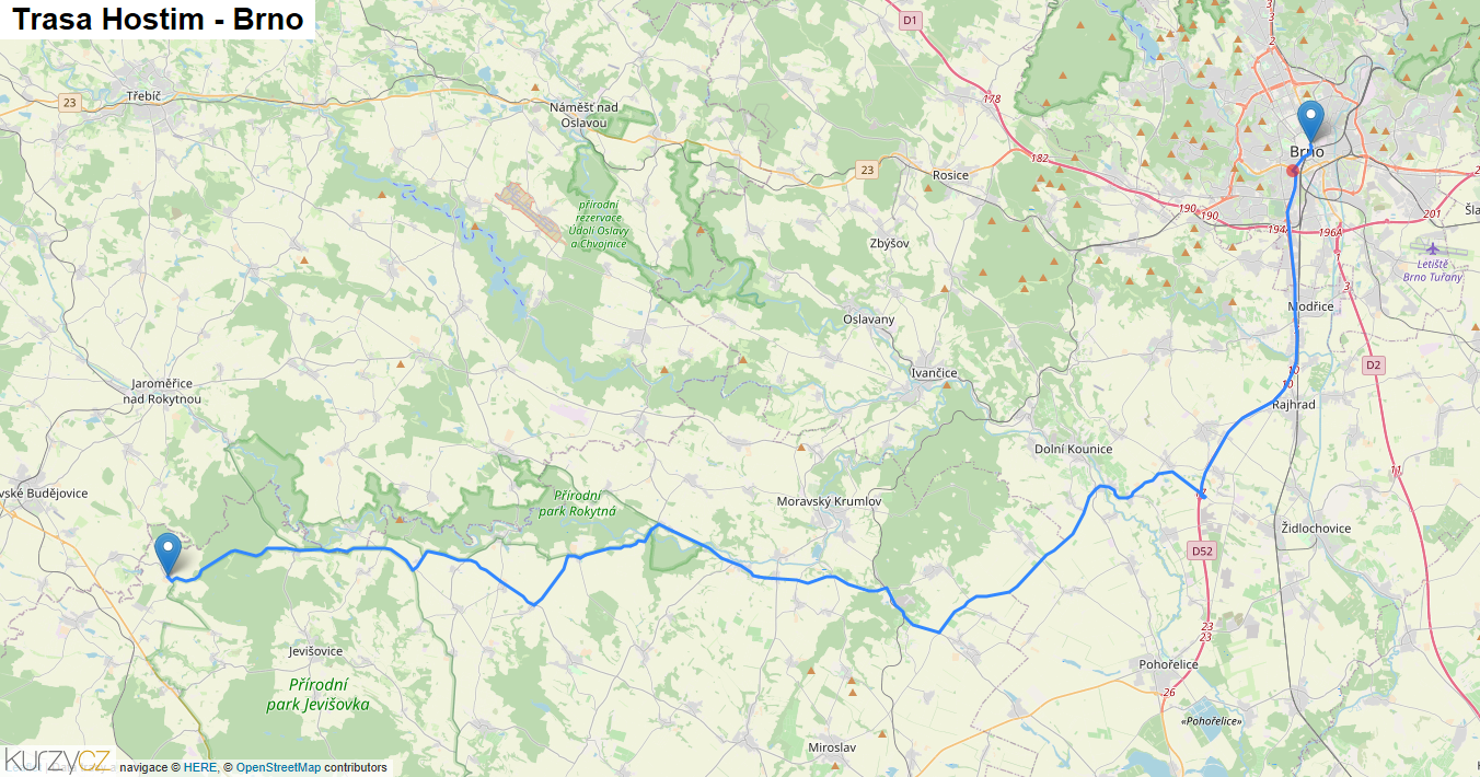 Hostim-Brno, mapa trasy