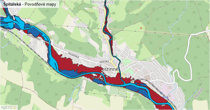 Špitálská - záplavové mapy stoleté vody