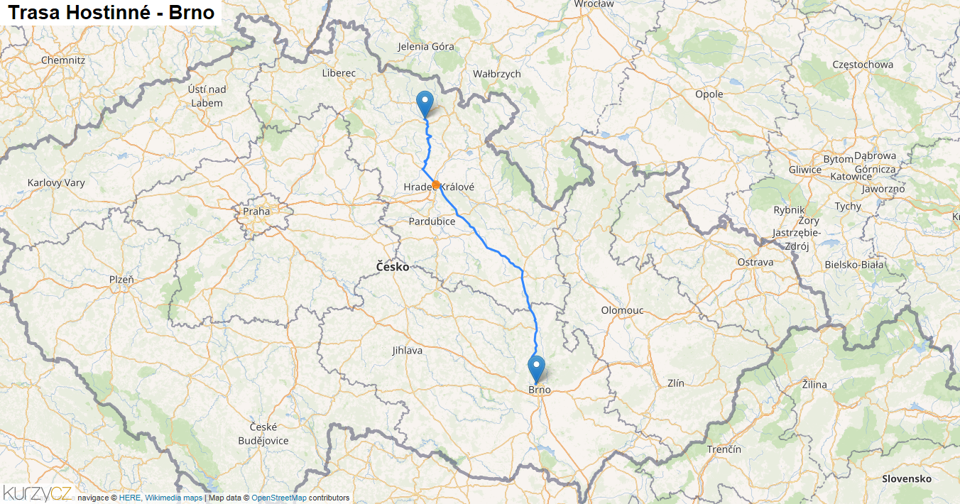 Hostinné-Brno, mapa trasy