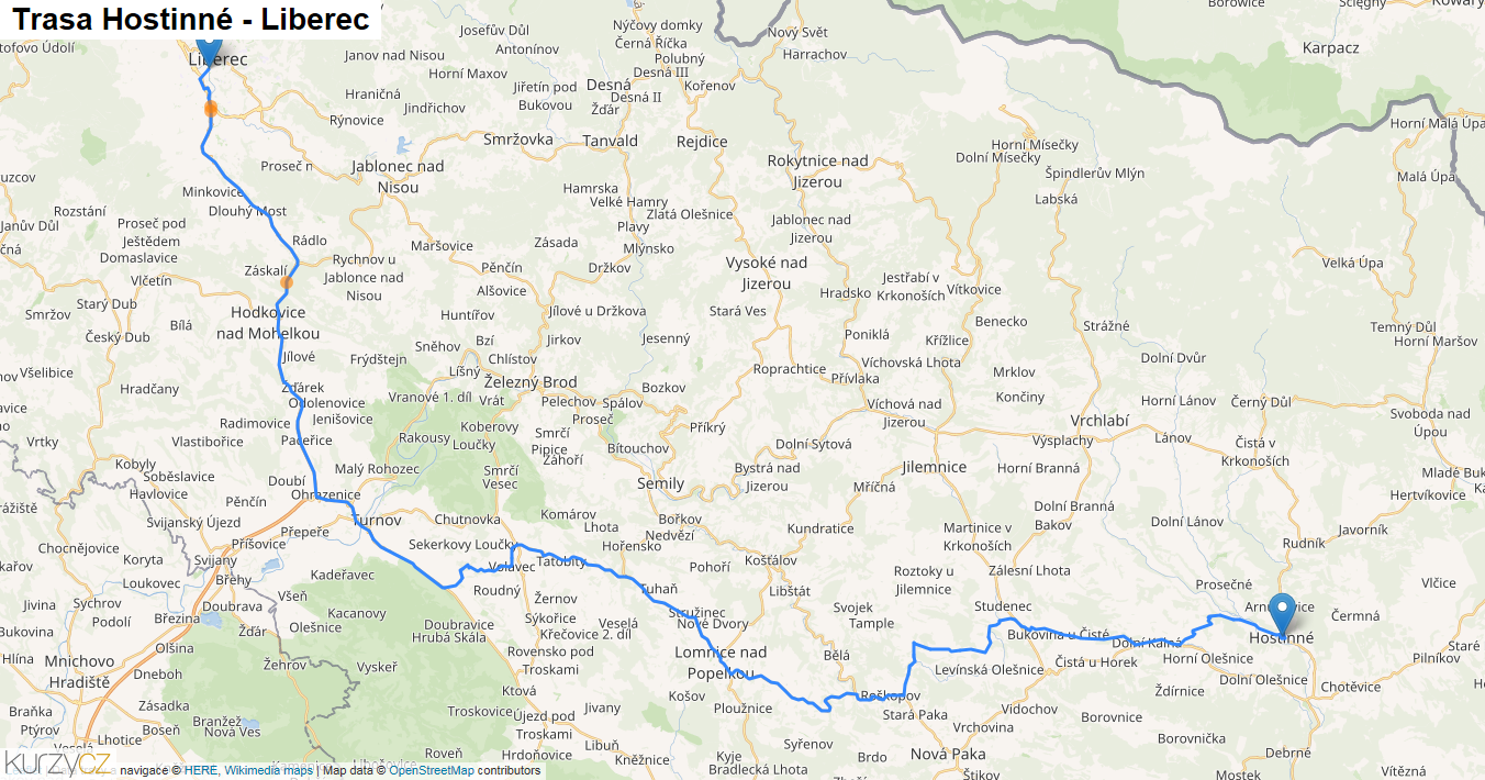 Hostinné-Liberec, mapa trasy