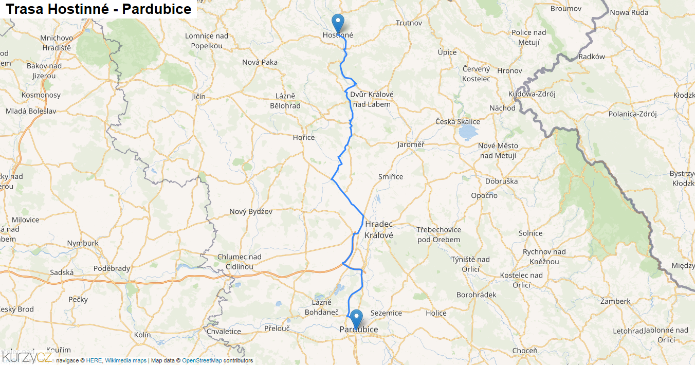 Hostinné-Pardubice, mapa trasy