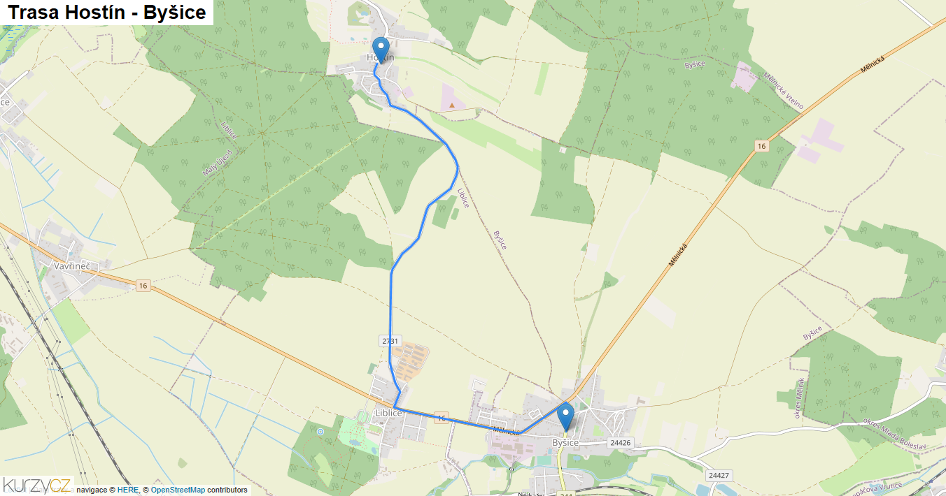 Hostín-Byšice, mapa trasy