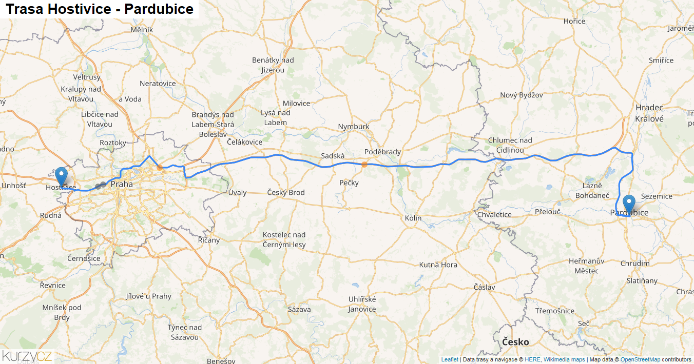 Hostivice-Pardubice, mapa trasy