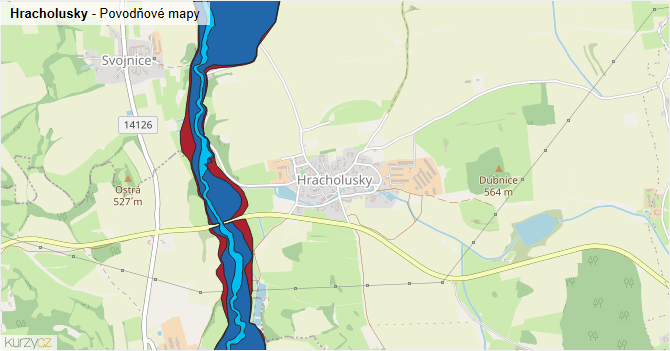 Hracholusky - záplavové mapy stoleté vody