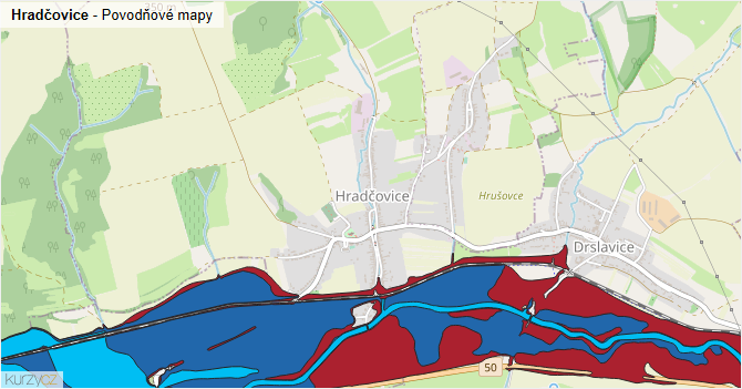 Hradčovice - záplavové mapy stoleté vody