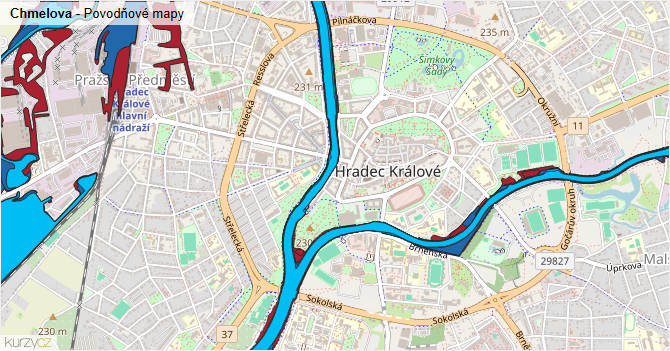 Chmelova - záplavové mapy stoleté vody