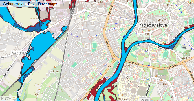 Gebauerova - záplavové mapy stoleté vody