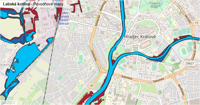 Labská kotlina - záplavové mapy stoleté vody