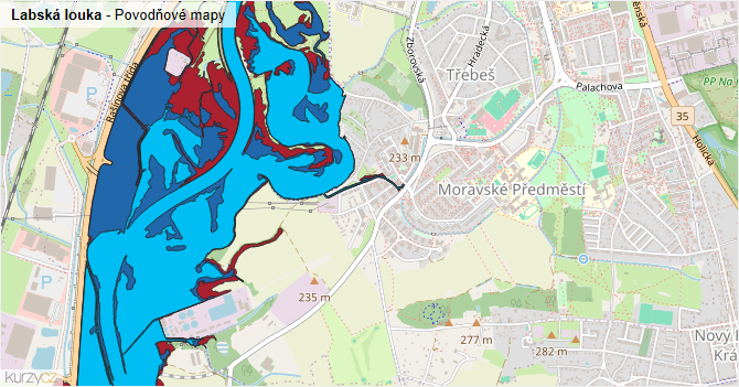 Labská louka - záplavové mapy stoleté vody