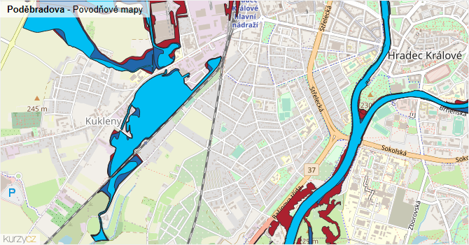 Poděbradova - záplavové mapy stoleté vody