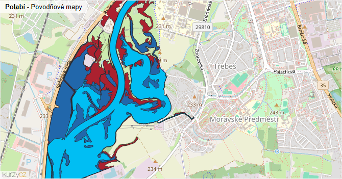 Polabí - záplavové mapy stoleté vody
