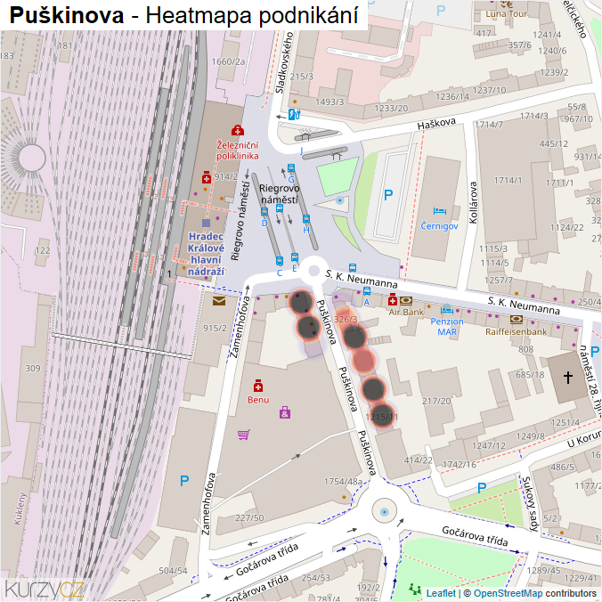 Mapa Puškinova - Firmy v ulici.