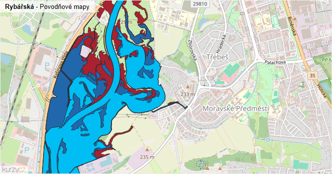 Rybářská - záplavové mapy stoleté vody