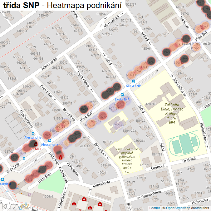 Mapa třída SNP - Firmy v ulici.