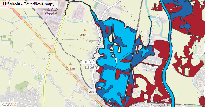 U Sokola - záplavové mapy stoleté vody