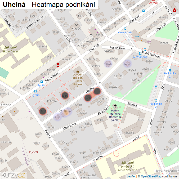 Mapa Uhelná - Firmy v ulici.