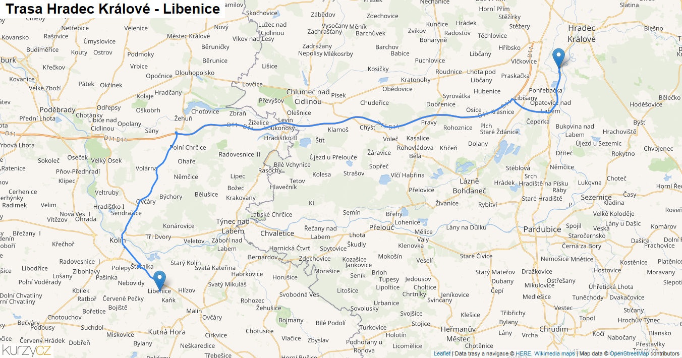 Hradec Králové-Libenice, mapa trasy