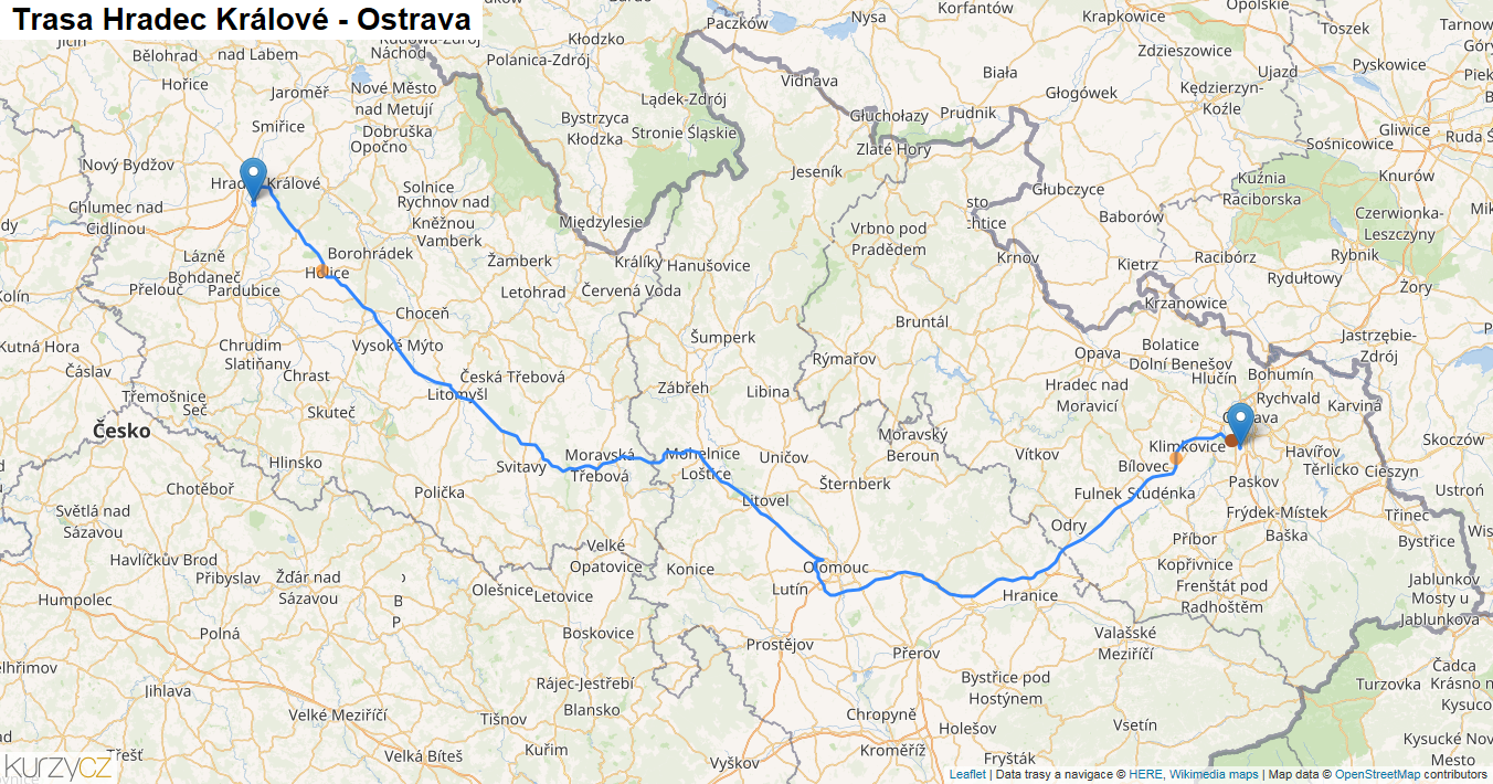 Hradec Králové-Ostrava, mapa trasy