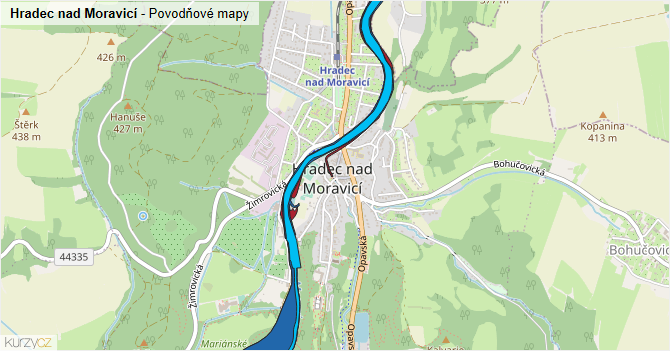 Hradec nad Moravicí - záplavové mapy stoleté vody