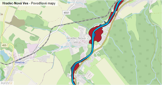 Hradec-Nová Ves - záplavové mapy stoleté vody