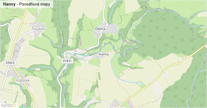 Hamry - záplavové mapy stoleté vody