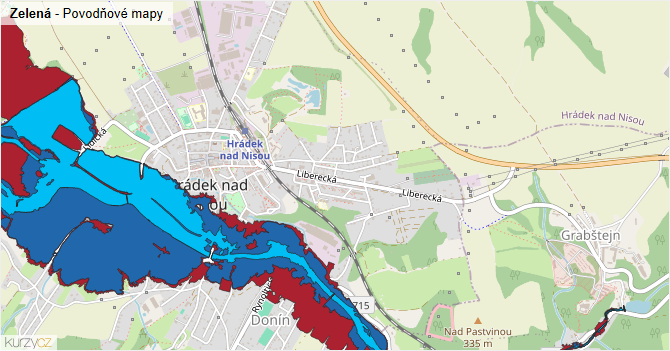 Zelená - záplavové mapy stoleté vody
