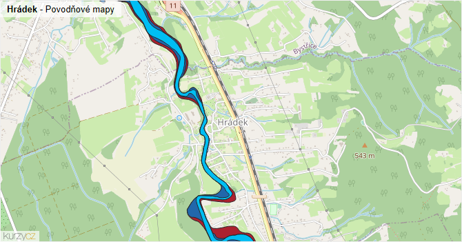 Hrádek - záplavové mapy stoleté vody