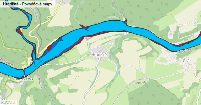 Hradiště - záplavové mapy stoleté vody