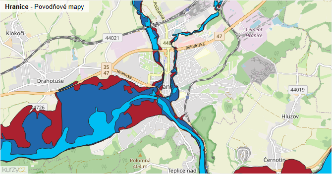 Hranice - záplavové mapy stoleté vody