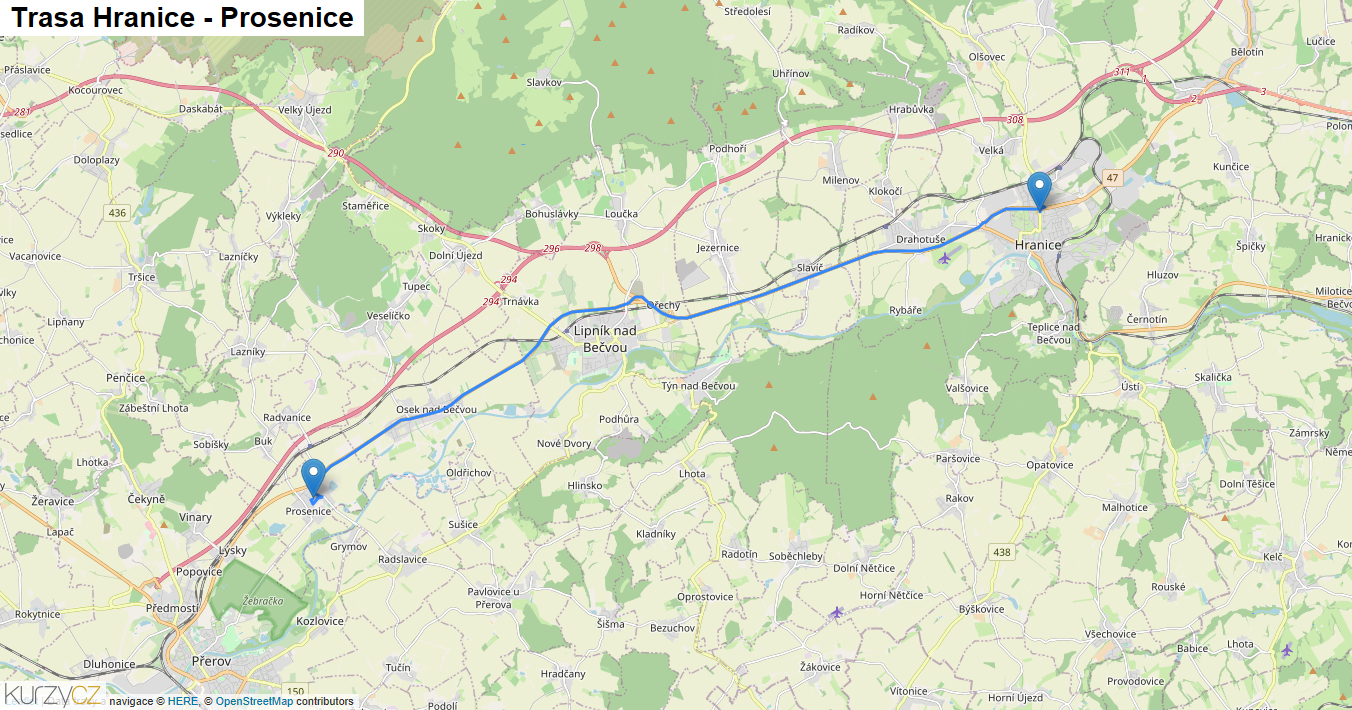 Hranice-Prosenice, mapa trasy