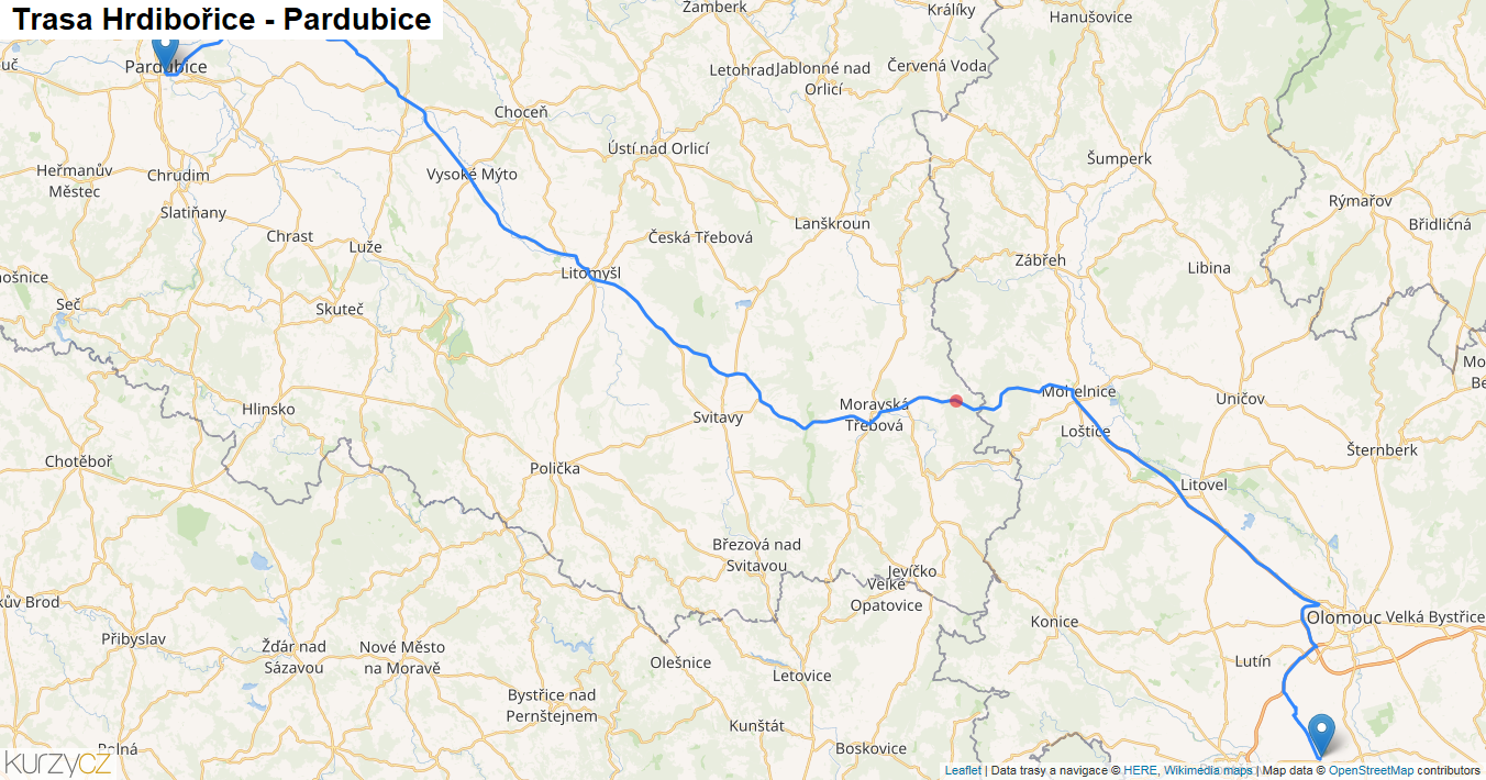 Hrdibořice-Pardubice, mapa trasy