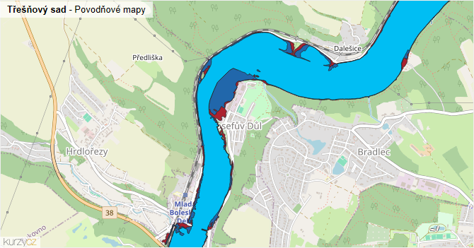 Třešňový sad - záplavové mapy stoleté vody