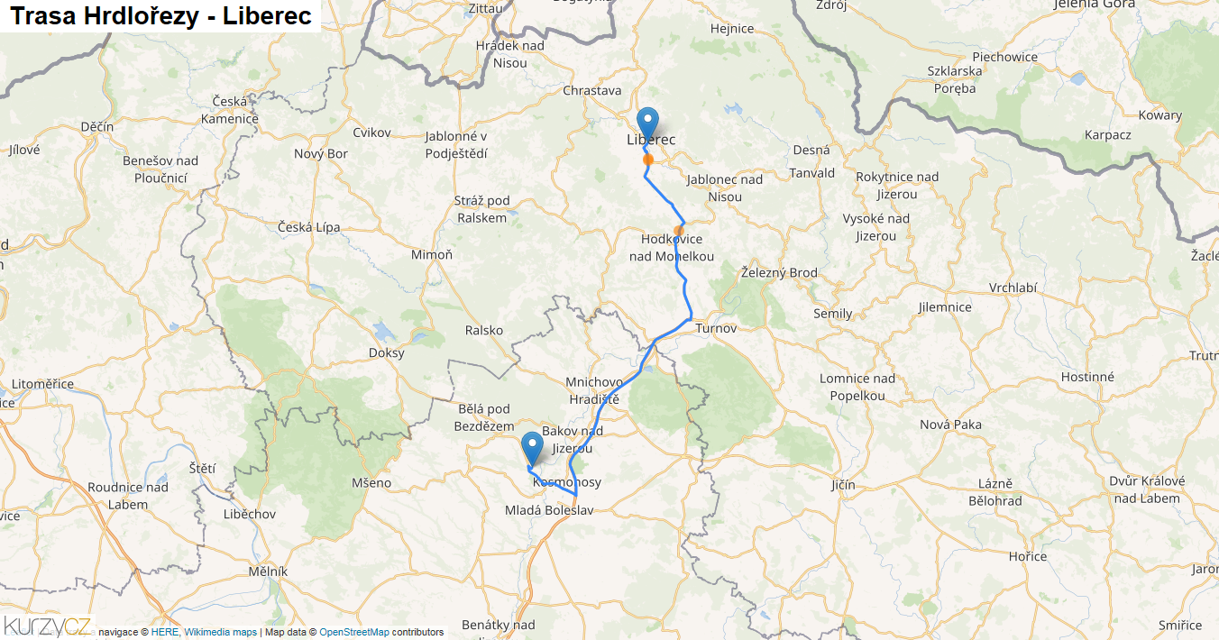 Hrdlořezy-Liberec, mapa trasy
