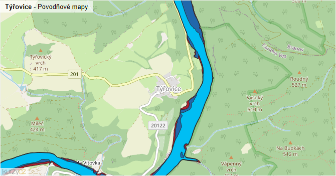 Týřovice - záplavové mapy stoleté vody