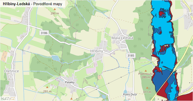 Hřibiny-Ledská - záplavové mapy stoleté vody