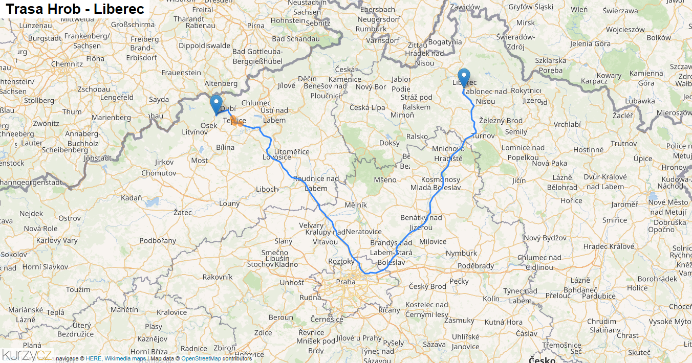 Hrob-Liberec, mapa trasy