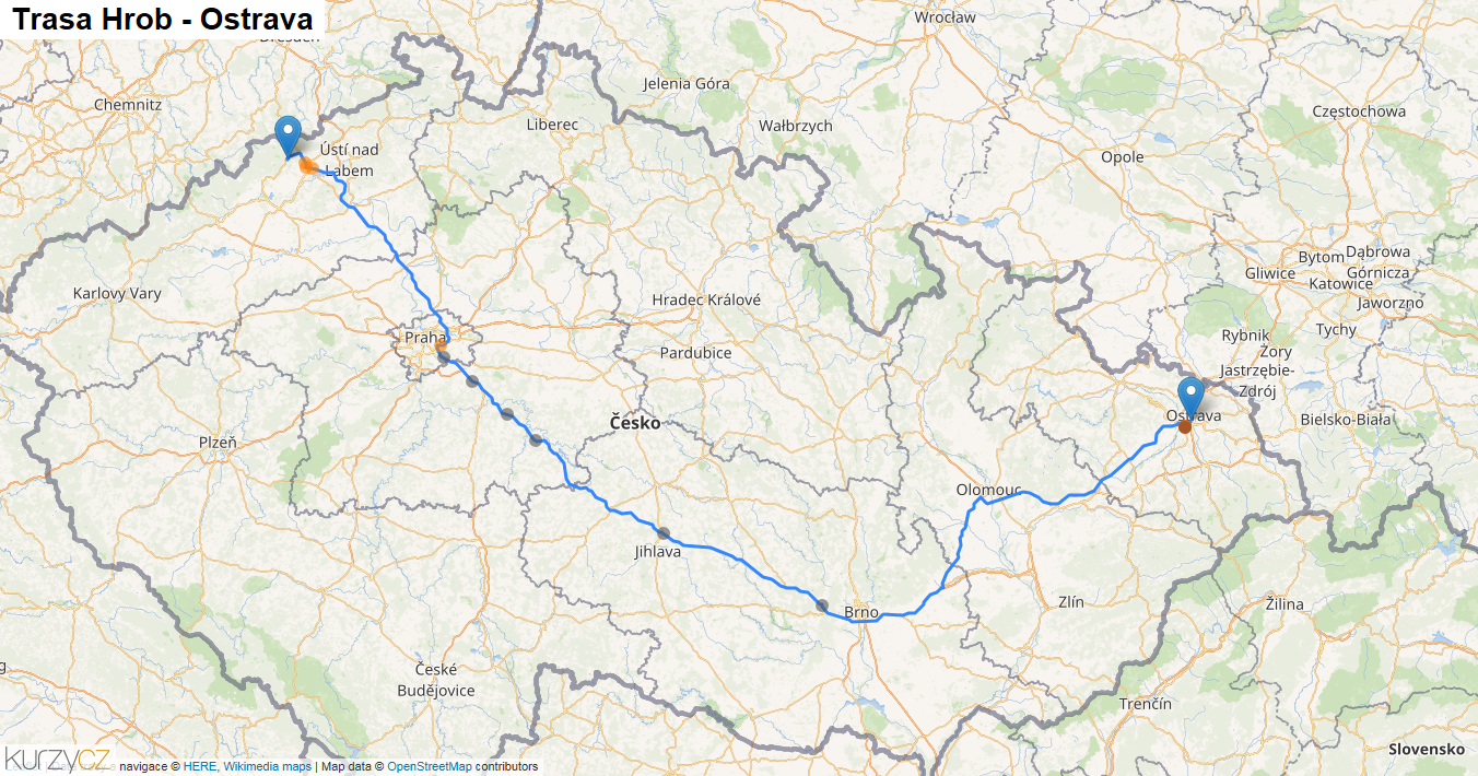Hrob-Ostrava, mapa trasy