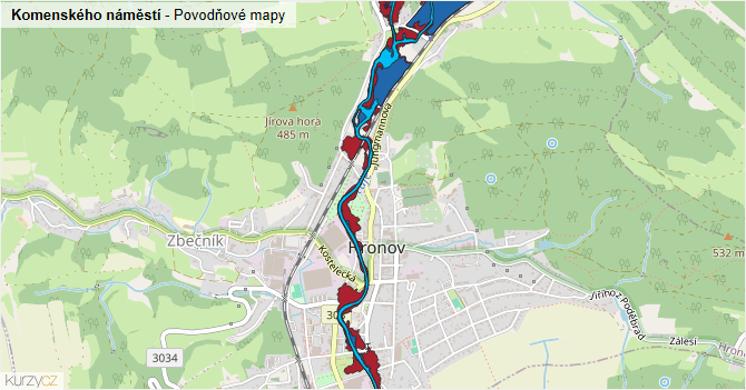Komenského náměstí - záplavové mapy stoleté vody