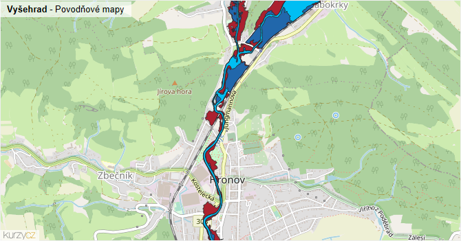 Vyšehrad - záplavové mapy stoleté vody