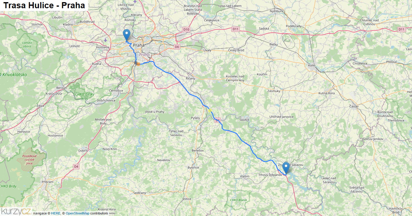 Hulice-Praha, mapa trasy
