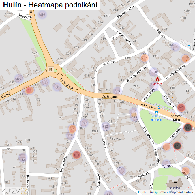 Mapa Hulín - Firmy v části obce.