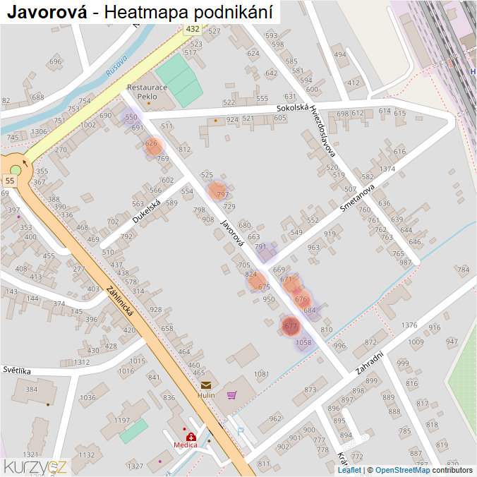 Mapa Javorová - Firmy v ulici.